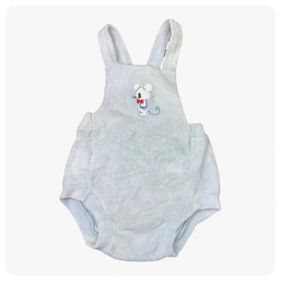 Vintage 70’s Baby Infant Overalls Blue Mouse Terrycloth One Piece Summer Outfit - Picture 1 of 5